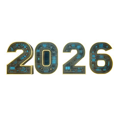 Digital representation of the year 2026 with circuit patterns and glowing effects. The numbers are bold and futuristic, set against a black background.