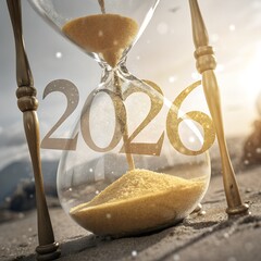An hourglass with golden sand, displaying the year 2026. The background features a blurred landscape under a bright sky, symbolizing time and future.