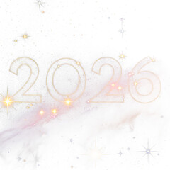 A cosmic background featuring the year 2026 in glowing numbers. Stars and galaxies create a vibrant space scene.