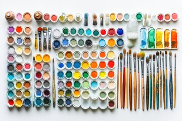 A vibrant overhead view displays numerous pots of watercolor paints and an extensive collection of artist's brushes, showcasing a rich spectrum of colors.