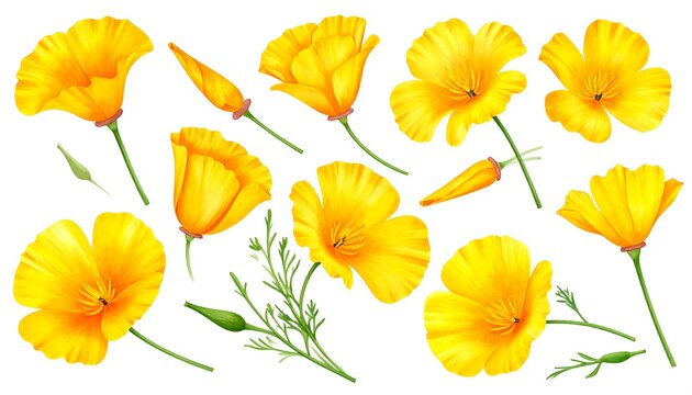 A collection of vibrant, detailed illustrations of California poppies in various stages of bloom. They are shown with buds, stems, and leaves - Powered by Adobe