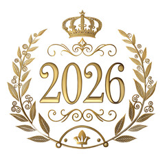 Golden laurel wreath with the year 2026 and a crown on a black background. Elegant design suitable for celebrations or events.