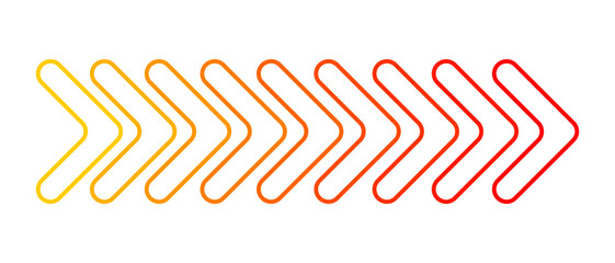Obraz premium Round-cornered chevron arrow outline path in gradient red and yellow, modern dynamic motion graphic for design use.
