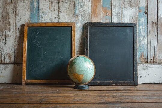Vintage chalkboards and an antique globe stand together on a rustic wooden surface, evoking a nostalgic educational theme against a distressed wall.