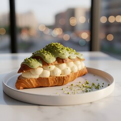 Pistachio croissant with creamy filling and sauce, generative ai