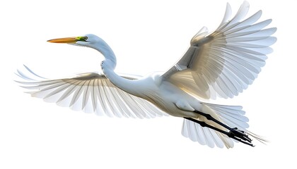 A large white bird with extended wings in flight, against a clean white background. Its feathers are detailed