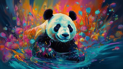 Panda neon oil paintings thick brushstrokes