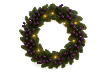 Festive christmas wreath decorating holiday season with glowing lights and purple berries on transparent background