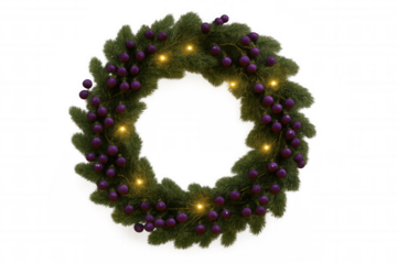 Festive christmas wreath decorating holiday season with glowing lights and purple berries on transparent background