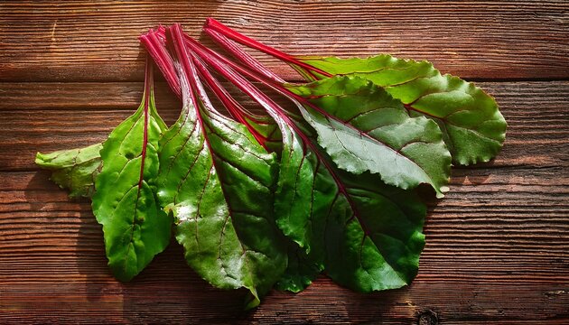 Nourishing Fresh Beetroot Leaves Displayed In Colorful Veins On Rustic Wooden Table Nature Photography Close Up Perspective