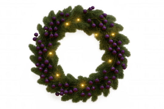Festive christmas wreath decorating holiday season with glowing lights and purple berries on transparent background