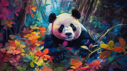 Panda neon oil paintings thick brushstrokes