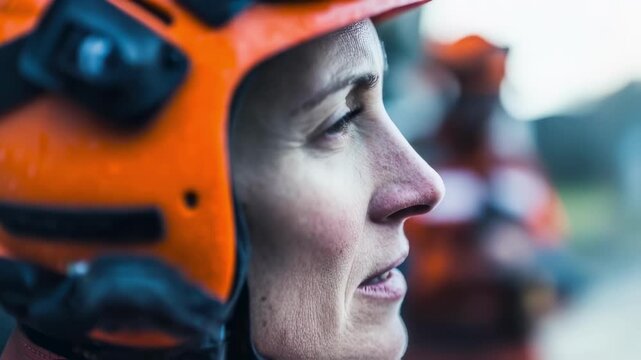 Close up profile of a female first responder wearing an orange safety helmet and using a walkie talkie to communicate during an emergency operation, coordinating the team's response