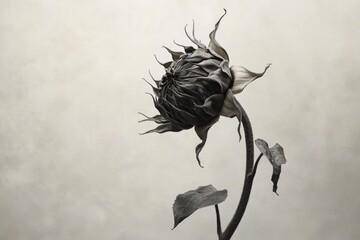 A captivating monochrome photograph showcases a dramatically withered sunflower, its delicate petals beautifully curled, symbolizing nature's poignant transience and artistic decay.