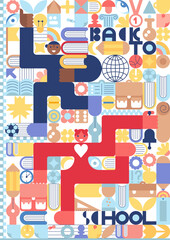 Back to school. Students, Backpacks, school items, stationery, books, cartoon style.  Simple background for poster. Sketch Geometry Vector design for study, school, university