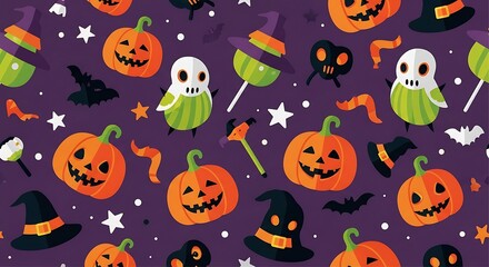 Fototapeta premium Spooky Halloween Pattern with Jack-o'-lanterns, Ghosts, Bats, and Witch Hats