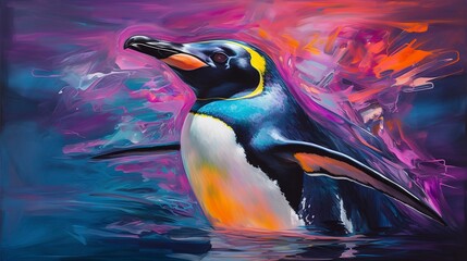 Penguin neon oil paintings thick brushstrokes