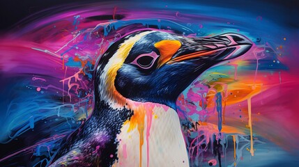 Penguin neon oil paintings thick brushstrokes