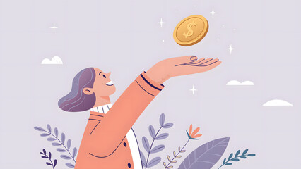 Cartoon Woman catching coin with upward facing palm in floral setting