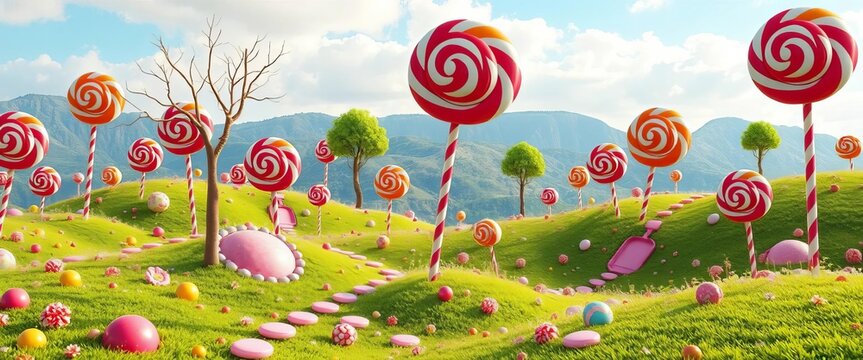 Vibrant, whimsical Candy Land landscape with lollipop trees and gumdrop hills,  artwork,  sugar