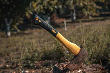 A axe stuck in a piece of wood
