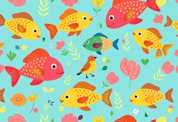 Naklejka premium Vibrant seamless pattern featuring cartoon fish and birds in a playful, nature-inspired design, nature, artwork