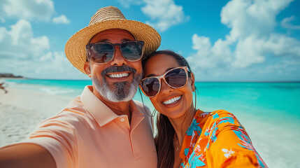 笑顔で楽しむシニア夫婦のビーチセルフィー