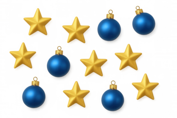 Christmas pattern with blue baubles and golden stars on transparent background, holiday decorations