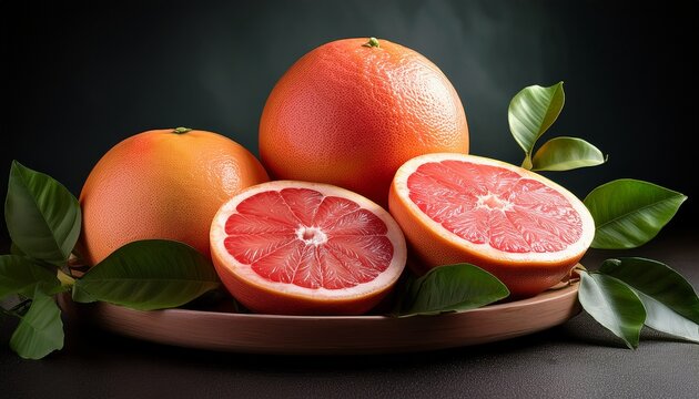 Fresh Whole And Halved Grapefruits With Vibrant Orange Pink Segments And Green Leaves Arranged On A Plate Against A Dark Background