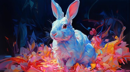 Rabbit neon oil paintings thick brushstrokes