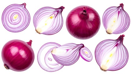 A collection of vibrant red onions, whole, halved, and sliced, arranged against a stark white background, showcasing the vegetable's inner rings