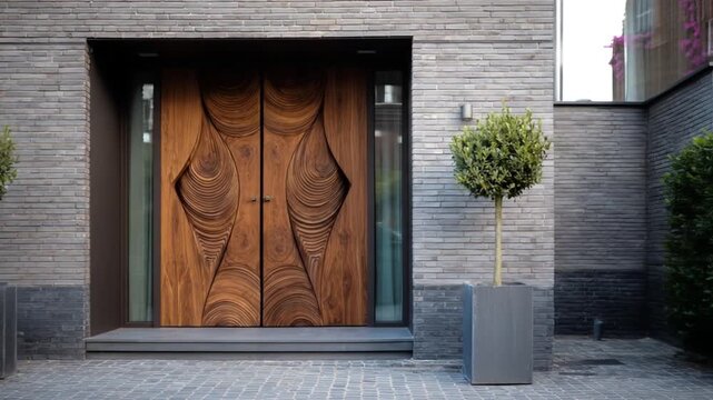 A beautifully carved wooden front door is accentuated by modern gray brickwork and potted trees.