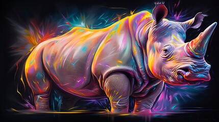 Rhinoceros neon oil paintings thick brushstrokes