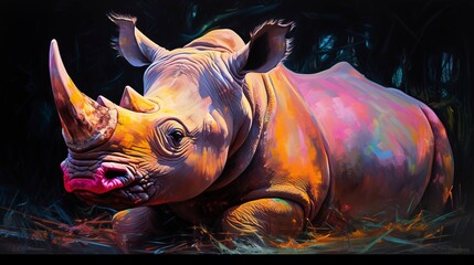 Rhinoceros neon oil paintings thick brushstrokes