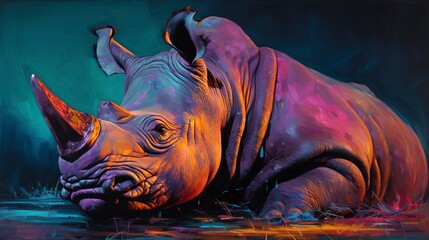 Rhinoceros neon oil paintings thick brushstrokes