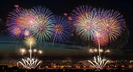 Colorful Fireworks Display Over City.