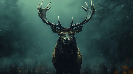 Deer silhouette in misty forest