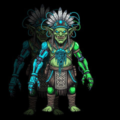 Goblin Cyber Shaman with Neon Prosthetics and Data Pendant – Futuristic Tribal Vector Character Design