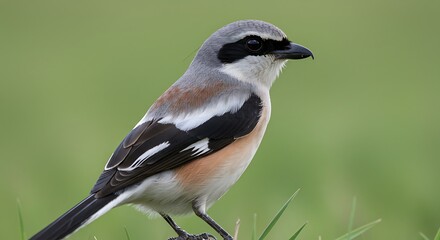 Northern shrike bird perched on green surface against blurry backdrop