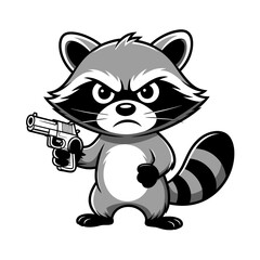 black ink style, angry raccoon holding a handgun, simple design, cartoon, black and white