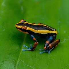 Obraz premium A poisonous colored frog (dendrobatide) on bright green leaf