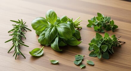 Obraz premium Fresh Herbs Variety on Table