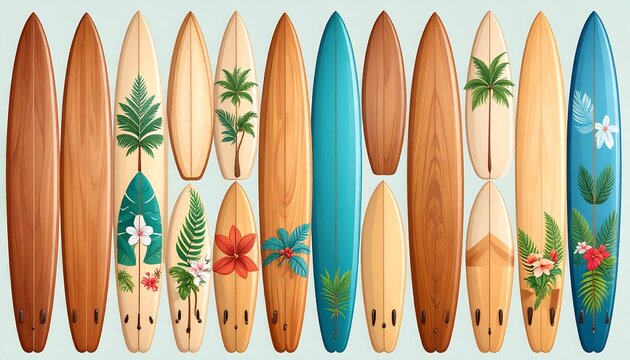 A collection of vibrantly illustrated surfboards, showcasing diverse wood grains and colorful tropical artwork designs