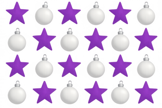 Christmas ornament pattern with purple stars and white baubles on transparent background, celebrating holiday season