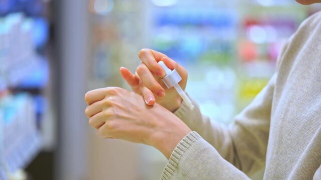 Female shopper checking ingredients while choosing cosmetic product in beauty store, testing facial serum with dropper on hand. Woman examining texture and quality. Concept of conscious choice
