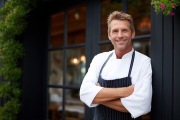 Fototapeta premium Adult male chef wears uniform, black apron, smiles, crosses arms outside restaurant