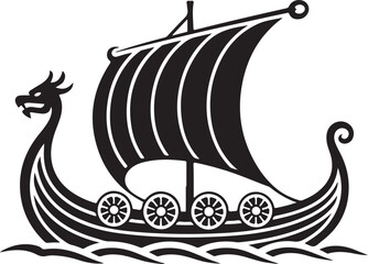 Viking ship silhouette vector illustration with dragon head prow and striped sail, ancient Norse longboat design template for history, mythology, adventure, exploration, and cultural heritage concept