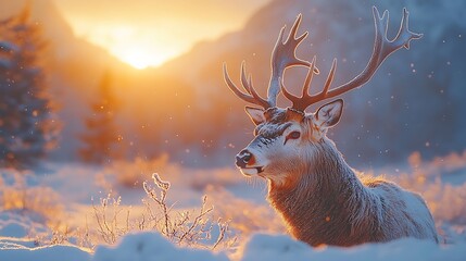 Deer in snowy landscape at sunrise