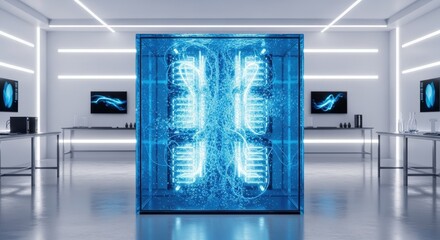 Inside a modern quantum computer surrounded by technology in futuristic lab. Quantum computer illustrates scientific concept of advanced computing, representing complex technology.