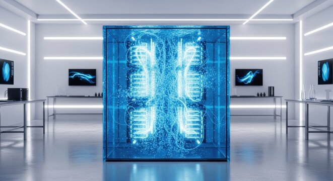 Inside a modern quantum computer surrounded by technology in futuristic lab. Quantum computer illustrates scientific concept of advanced computing, representing complex technology. - Powered by Adobe